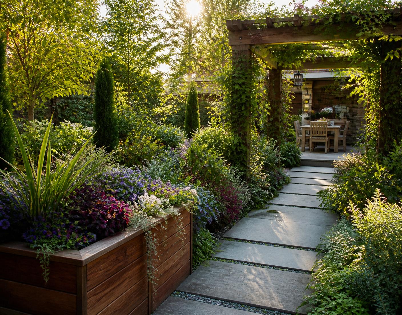 Allée en pierre, massifs fleuris et pergola — création paysagère sur mesure V'Garden