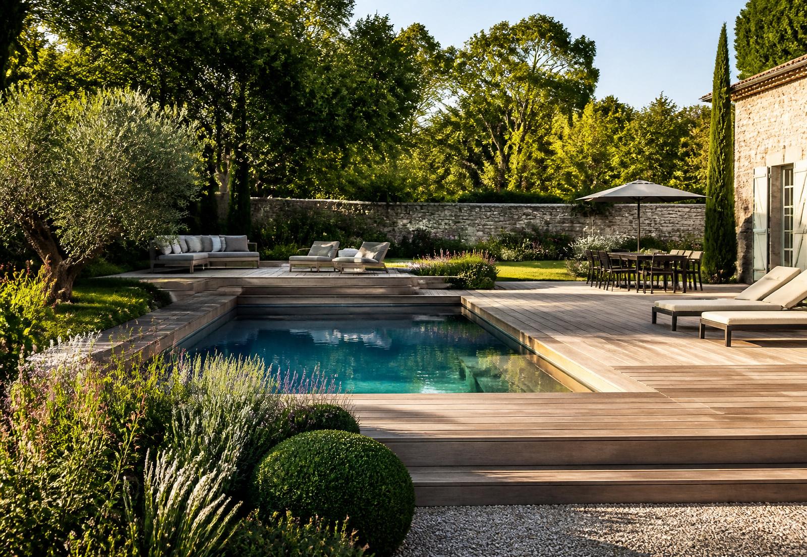 Piscine semi-enterrée avec terrasse bois sur mesure réalisée par V'Garden près de Bordeaux