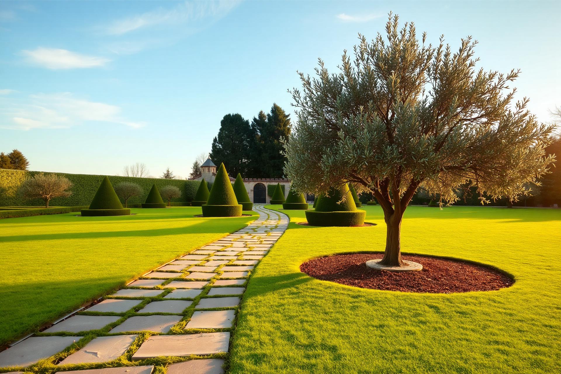 Jardin paysagé soigné avec olivier et allée en pierre — V'Garden, paysagiste à Léognan