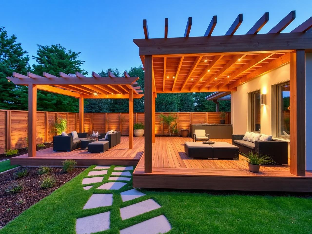 Création paysagère à Bordeaux : terrasse bois et pergola par V'Garden