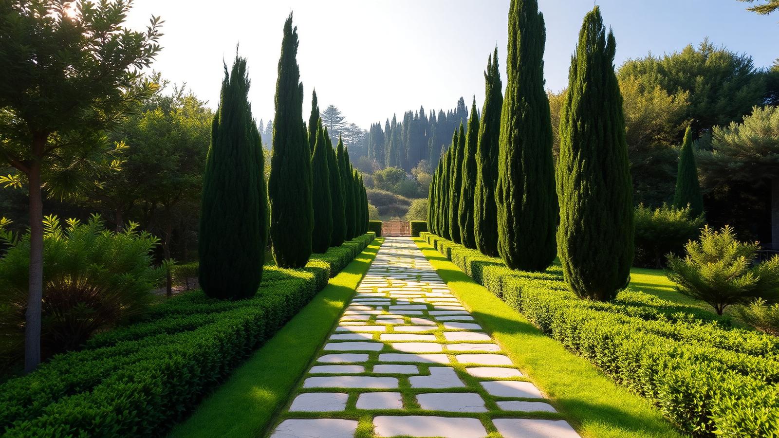 Allée paysagée bordée de cyprès — zone d'intervention V'Garden Gironde